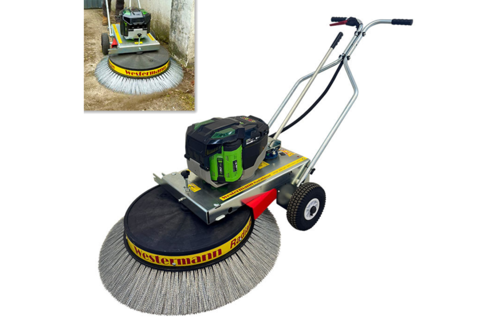 Westermann WR870 with Honda petrol powered moss brush or EGO battery power – chemical free, waterless solution for clearing moss, light weeds, and debris from driveways, patios, block paving, concrete and tarmac. Supplied in Northern Ireland by Aaron McFarland Machinery.